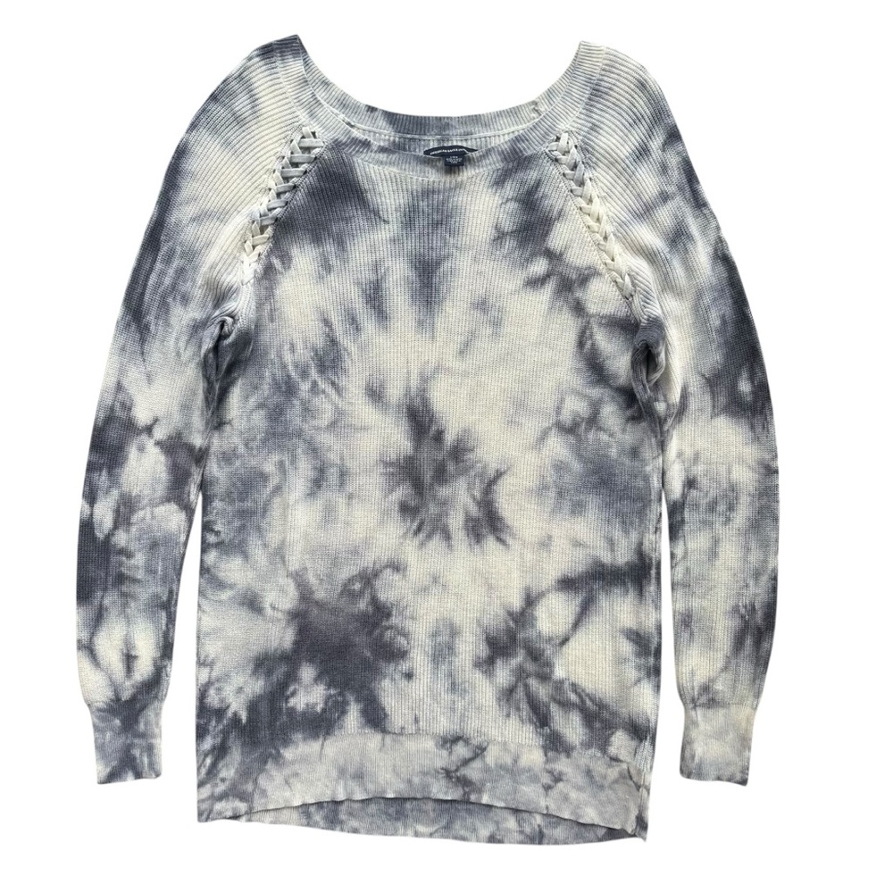 American Eagle Women’s L Gray Cream Tie Dye Lace Up Detail Crewneck Knit Sweater